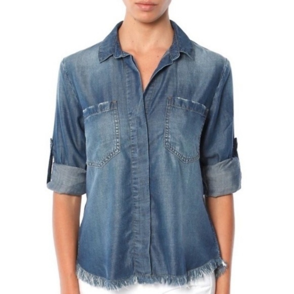 Anthropologie Cloth & Stone Chambray Raw Hem Button Front Shirt Size XS - Picture 3 of 12